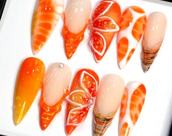 Autumn Daisy Press On Nails: Y2K Orange Ombre Floral Nails