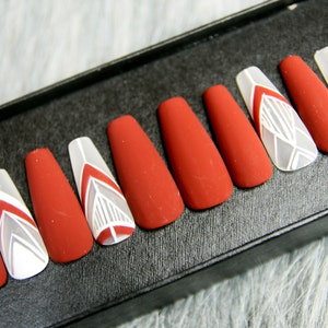 Subtle Red and White Press On Nails | Luxury Glue On Nails | Salon Quality Fake Nails | Matte Gel X False Nails K18
