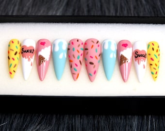 Happy Day Stiletto Press On Nails: Handmade Ice Cream False Nails