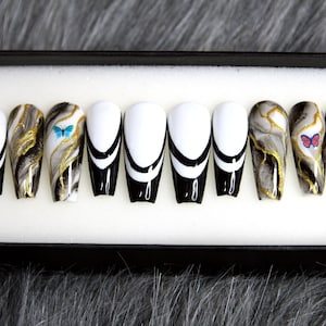Butterfly Press On Nails: Black White Marble Coffin False Nails