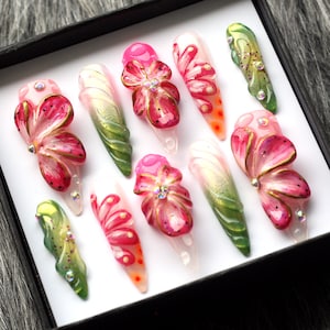 3D Flower Press On Nails: Y2K Ombre Stiletto Nail Set