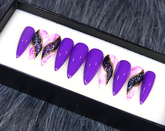 Purple River Of Gold Fake Nails Glossy | Pastel Minimal Press On Nails Coffin | Glue On Nails | Handmade Trendy Pattern 3D Nails K106