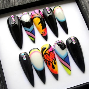 Black Rainbow Press On - Abstract Marble Glue On Nails, Long Stiletto Festive Nail K60