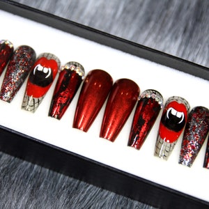 Scary Night Press On Nails | Halloween Glue On Nails With Crystal | Long Coffin Nails | Festive Nails | Fun Nails | Luxury Nails K81