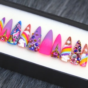 Unicorn Pride Luxury Glue On Nails Stiletto | Fake Nails Crystal Press On Nails Set | Luxury Nails | Gel X False Nails DD62