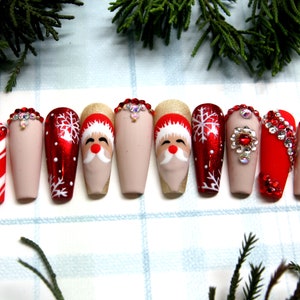 Christmas Santa Press On Nails | Glue On Nails | Crystal Long Stiletto Nails | Festive Nails | Fun Nails | Luxury Nails K129