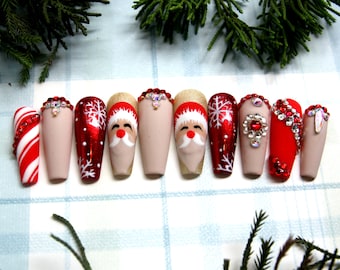 Christmas Santa Press On Nails: Crystal Stiletto Festive Nails