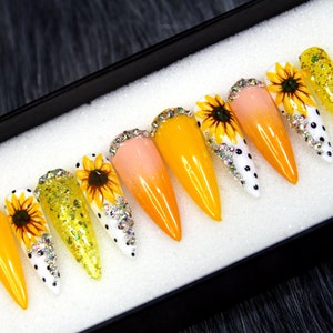 Spring Nails Yellow Sunflower Press On Nails Coffin Long Nails Gel Press on Nails Floral Nails Instant Nails N396 image 2