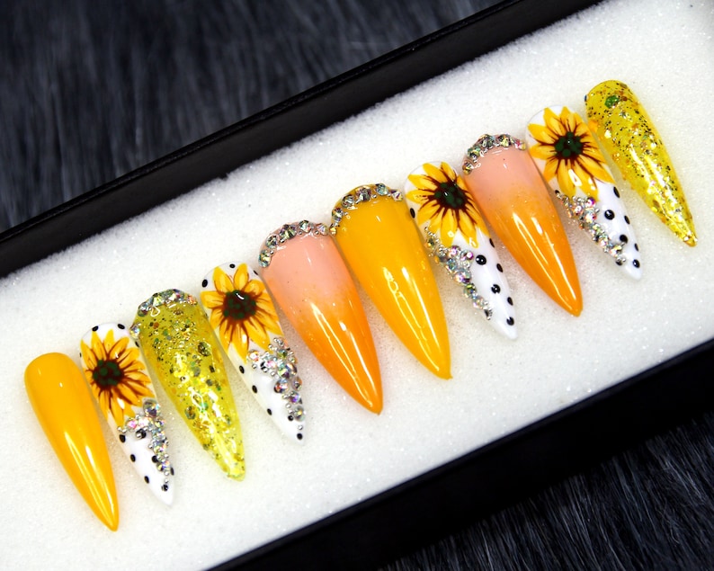 Spring Nails Yellow Sunflower Press On Nails Coffin Long Nails Gel Press on Nails Floral Nails Instant Nails N396 image 2