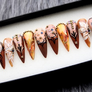 Handmade Stiletto Press On Nails: Brown Marble Flowers, Gothic Spring Style
