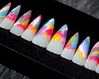 Rainbow Watercolor Stiletto Press On Nails | Handmade Gel False Nails N116