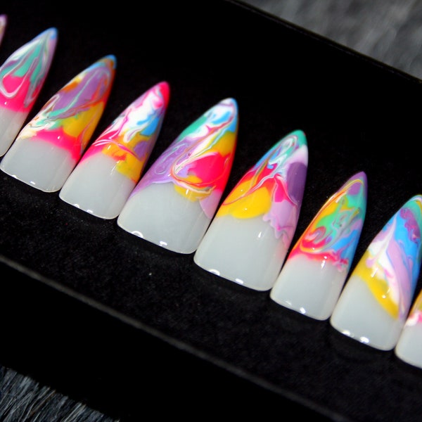 Pride Water Painting Press On Nails | Rainbow Stiletto Fake Nails | Glue On Nails Minimal | False Nails Salon N116