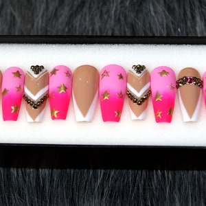 Starlight Ombre Pink Press On Nails | Beige Glue On Nail Set | Long Coffin Nails With Crystal | Fun Nails | Bridal Gift Set K73