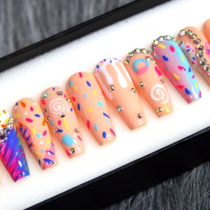 Abstract Glue On Nails | Festive Party Press On Nails | Confetti Sweet Fake Nails | Fun False Coffin Nails  K26