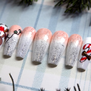 Christmas Snow Press On Nails | Glossy Gel X False Nails | Salon Bridal Fake Nails | Beige Luxury Glue On Nails K135