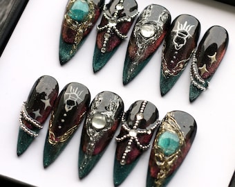 Witch Halloween Cat-Eye Stiletto Press On Nails: Gothic Y2K Nail Set