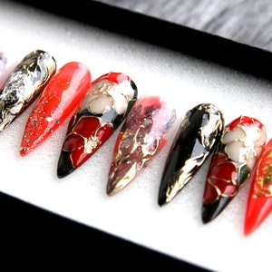 China Town Press On Nails | Black and Orange Coffin Nails Luxury | Gel X Fake Nails | Abstract False Nails | Handmade Glue On Nails K165