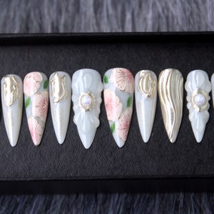 Floral Japanese Style Press On Nails | 3D Long Stiletto Fake Nail | Kawaii Style Handpainted Long Short Nails K202