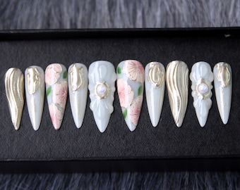Floral Japanese Style Press On Nails | 3D Long Stiletto Fake Nail | Kawaii Style Handpainted Long Short Nails K202