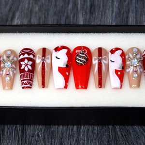 Red Nose Reindeer Press On Nails Christmas Gift Glue On Nails Knit Sweater False Nails Fake Nails K92 image 2