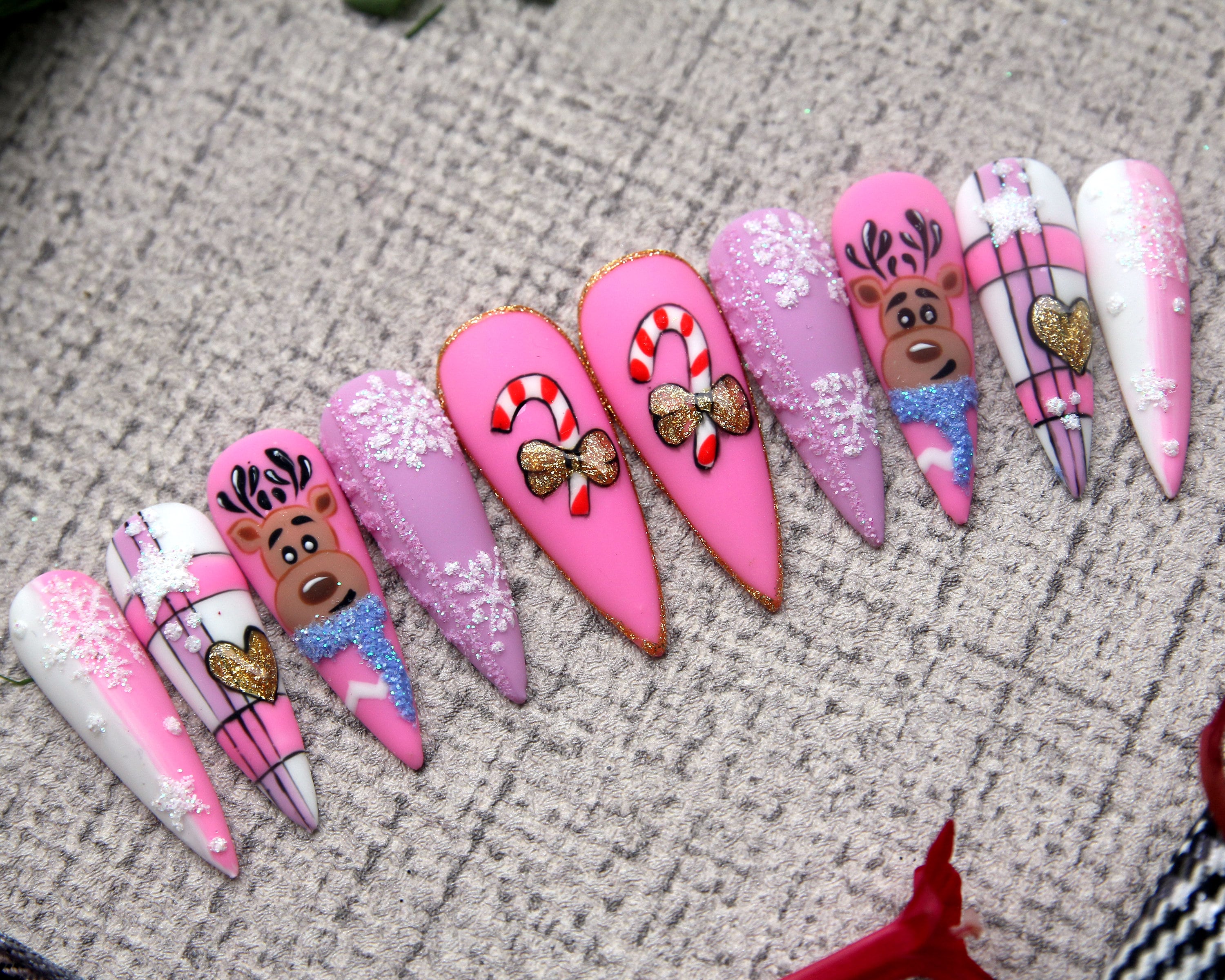 Christmas Reindeer Press On Nails | Pinky Fake Nails | Luxury Stiletto Nail Set | Matte Elegant Gift Nails K174