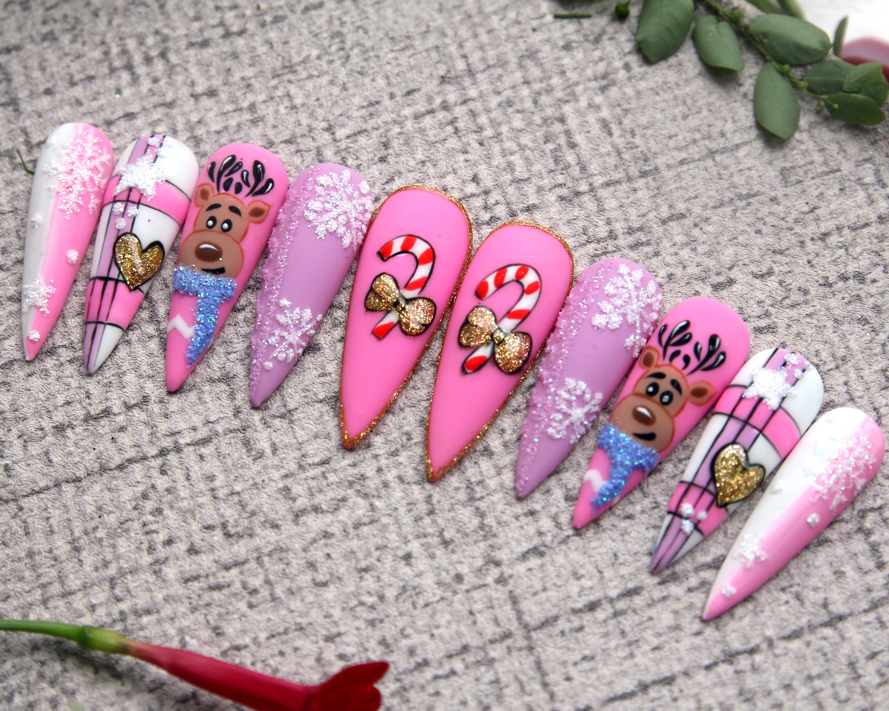 Christmas Reindeer Press On Nails | Pinky Fake Nails | Luxury Stiletto Nail Set | Matte Elegant Gift Nails K174