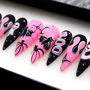 Midnight Magic Fake Nails | Black Pink Halloween Special Press On Nails Stiletto | Hand-made Glue On Nails | Luxury Fake Nails HA4