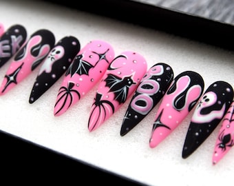 Midnight Magic Fake Nails | Black Pink Halloween Special Press On Nails Stiletto | Hand-made Glue On Nails | Luxury Fake Nails HA4