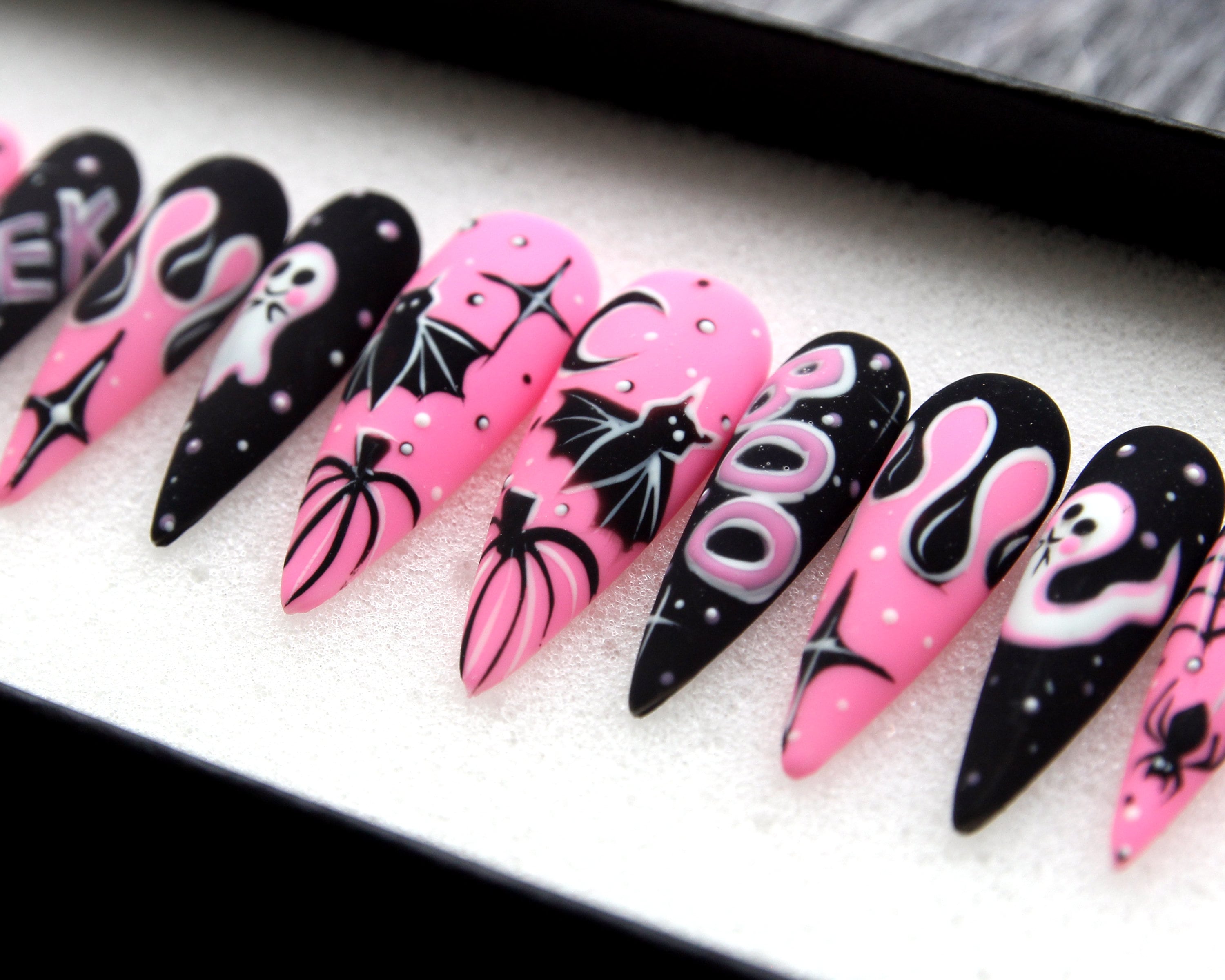 Midnight Magic Fake Nails | Black Pink Halloween Special Press On Nails Stiletto | Hand-made Glue On Nails | Luxury Fake Nails HA4