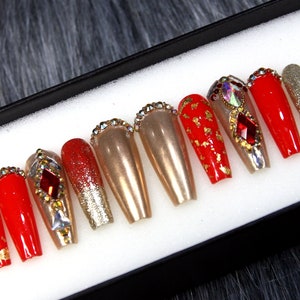 Golden Glitter Red Nails - Crystal Glue On Nails Coffin - Summer Press On Nails - Hand Painted Nail - Gel X Fake Nails - False Nails N112