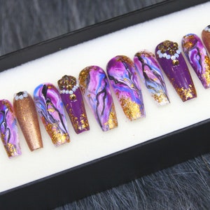 A Whole New World Fake Nails Glossy | Jasmine Purple Press On Nails Coffin | Glue On Crystal Nails | Handmade 3D Nails DD60