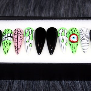 Frankenstein's Monster Halloween Press On Nails | Ombre Purple False Nails | Luxury Stiletto Nail Set | Fake Nails K123