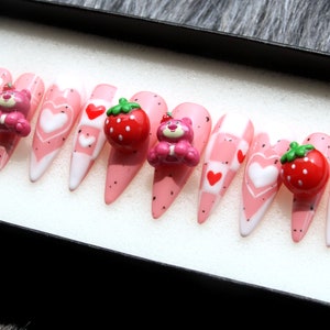 3D Strawberry Bear Press On Nails: Pink Stiletto Gel X Nails