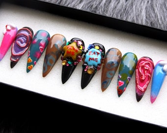 Fairy Wonderland Press On Nails | 3D Colorful Elegant Nails | Y2K Fake Nails | Elegant Spring Nails | Trendy Nails K253