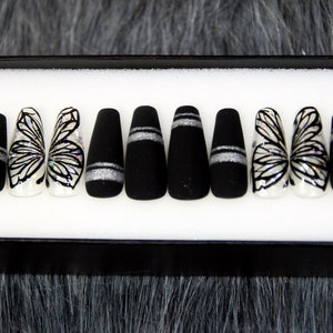 Butterfly Press On Nail | Black Grey Fake Nail | Salon False Nails | Gothic Coffin Nail K76