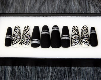 Butterfly Press On Nail | Black Grey Fake Nail | Salon False Nails | Gothic Coffin Nail K76