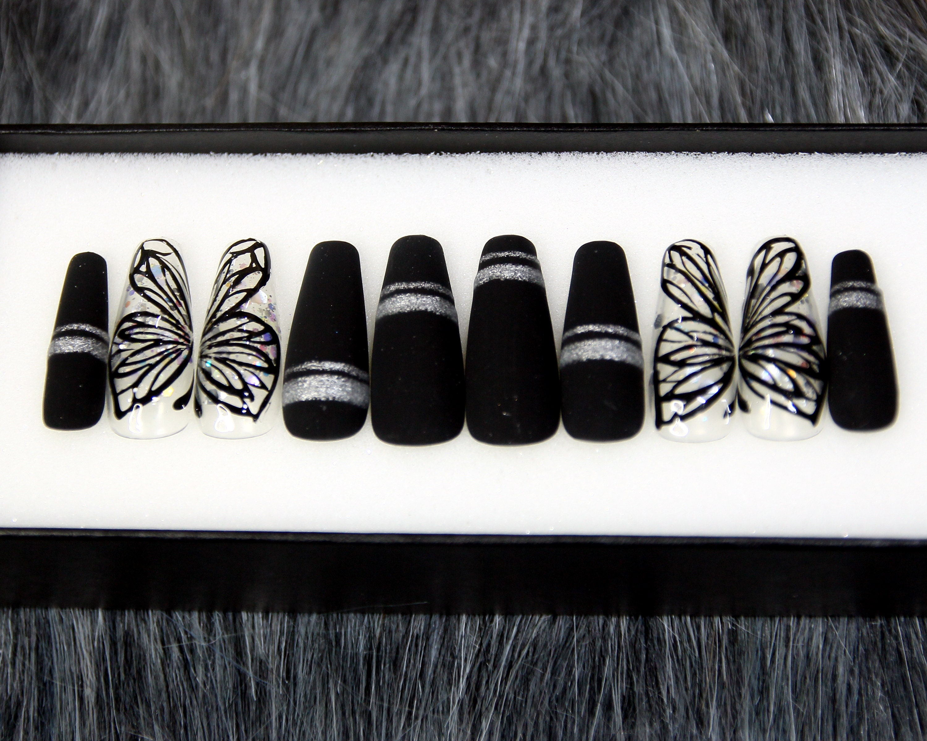 Butterfly Press On Nail | Black Grey Fake Nail | Salon False Nails | Gothic Coffin Nail K76