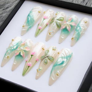 Dragonfly & 3D Flower Press On Nails - Iridescent Pearl Shimmer Glue On Nail K622