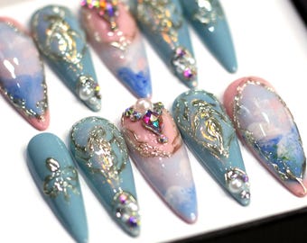 3D Aurora Press On Nails: Marble Y2K Catholic Style