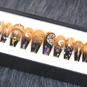 Zodiac Personalized Nails | Cancer Press On Nails Coffin Luxury | Fake Nails Set | Elegant Nails | Gel X False Nails DD30