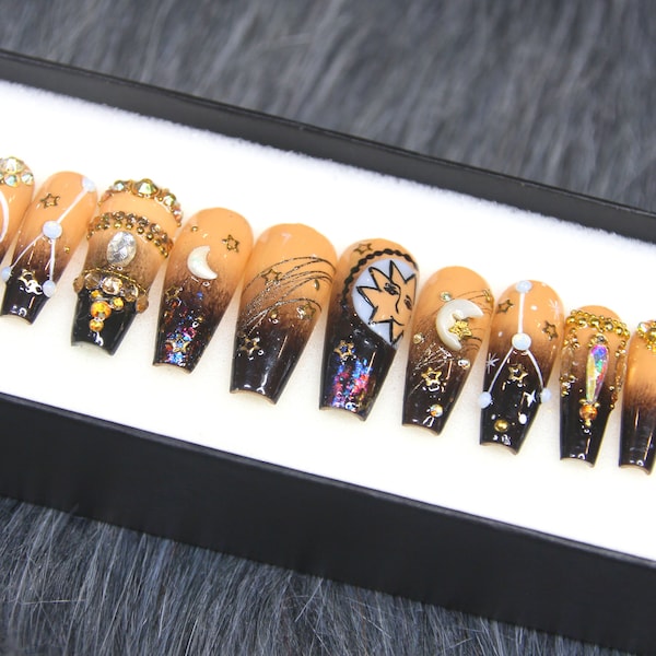 Zodiac Personalized Nails | Cancer Press On Nails Coffin Luxury | Fake Nails Set | Elegant Nails | Gel X False Nails DD30