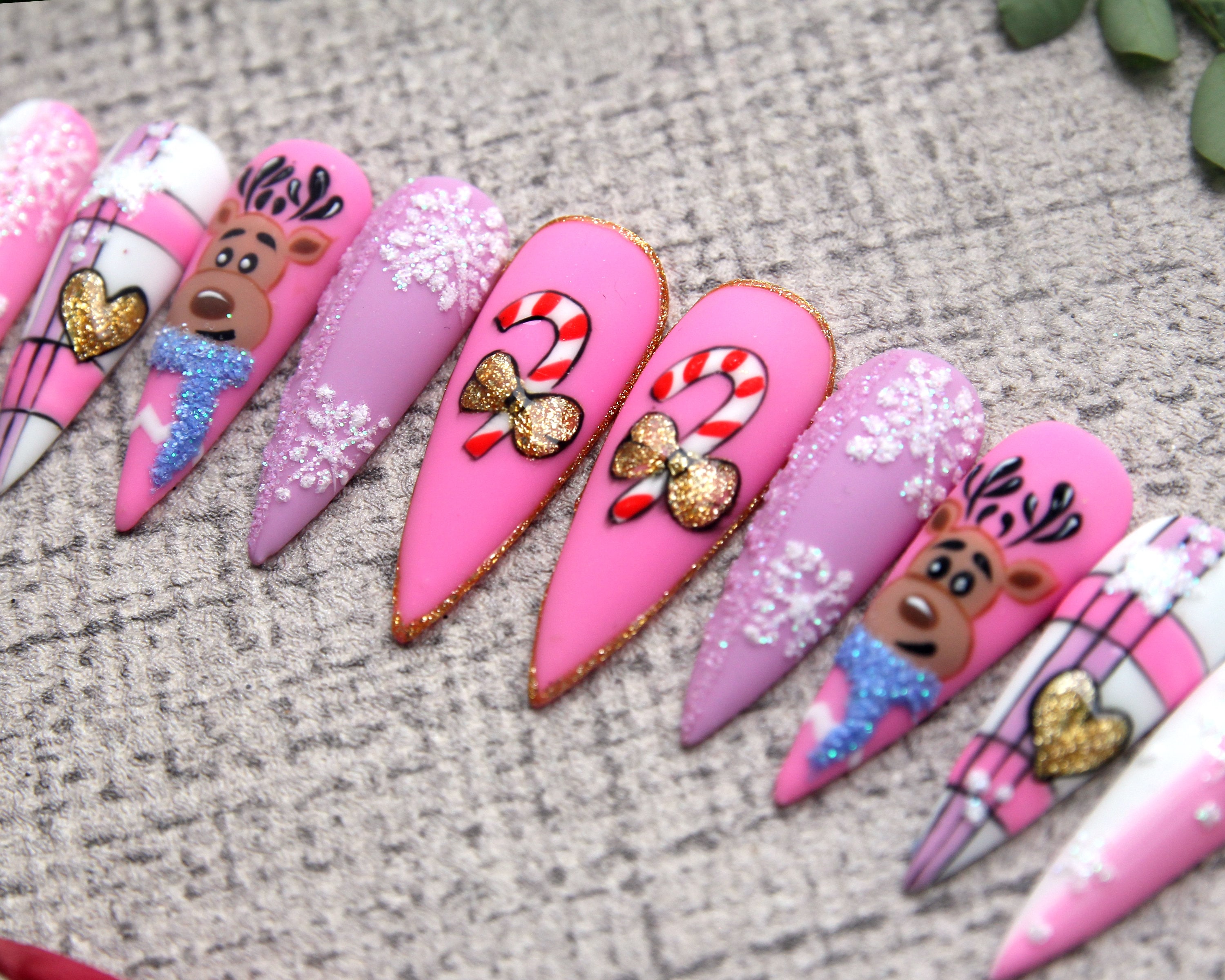 Christmas Reindeer Press On Nails | Pinky Fake Nails | Luxury Stiletto Nail Set | Matte Elegant Gift Nails K174
