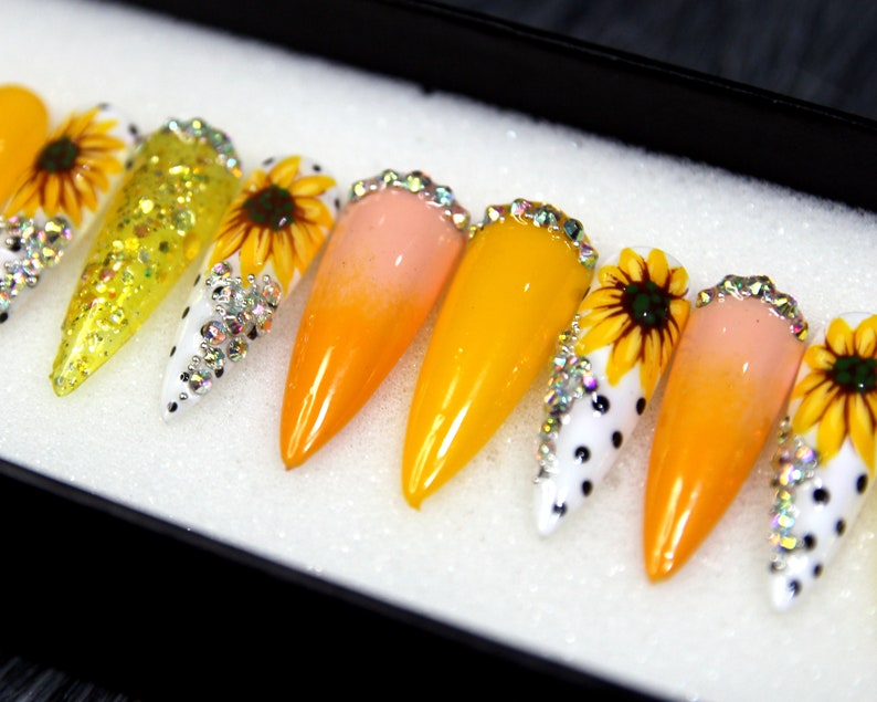 Spring Nails Yellow Sunflower Press On Nails Coffin Long Nails Gel Press on Nails Floral Nails Instant Nails N396 image 4