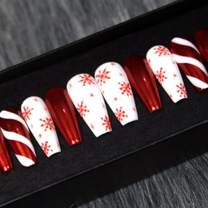 Snowy Winter Press On Nails | Swirls Glue On Nails | Ruby Long Coffin Fake Nails K93