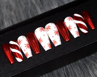 Snowflake Press On Nails: Ruby Red Swirls, Long Coffin Style