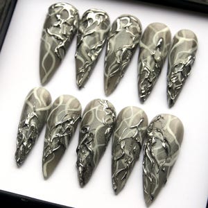 Silver 3D Chrome Press On Nails: Y2K Aurora Coated Nails