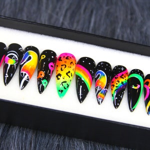 Trippy Illusion Press On Nails Stiletto | Black Rainbow Press On Nails | Party Hand Painted Nail | Gel X Fake Nails | False Nails K103