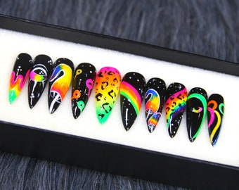 Trippy Illusion Press On Nails Stiletto | Black Rainbow Press On Nails | Party Hand Painted Nail | Gel X Fake Nails | False Nails K103