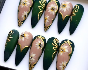 Thousand-petaled Daisy Press On Nails | Y2K Trendy Emerald Long Nails | Handpainting Floral Fake Nails Set | Long Elegant Nails K339