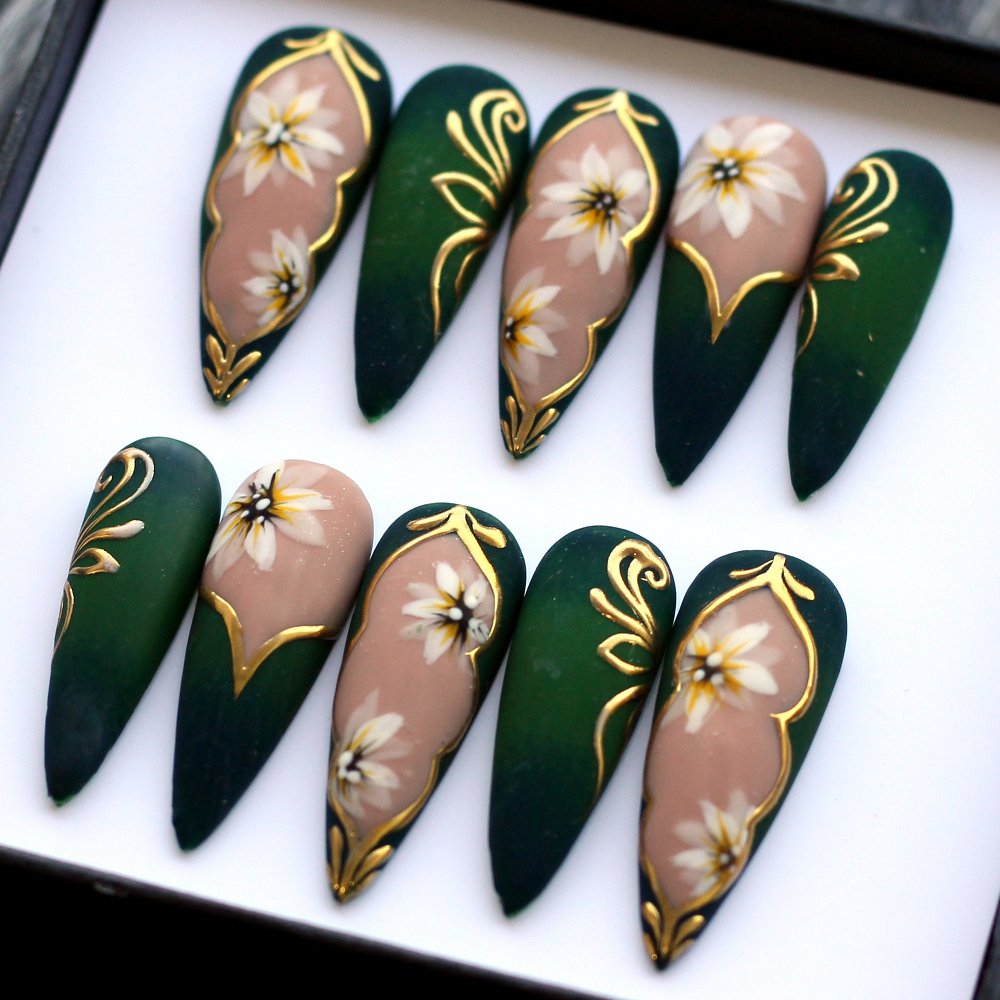 Emerald Floral Press On Nails: Y2K Long Handpainted Fake Nail Set